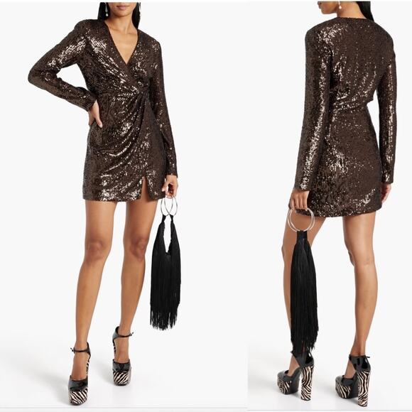 NWT Jonathan Simkhai Brown Monty Wrap-Effect Sequined Jersey Mini Dress - Picture 1 of 4